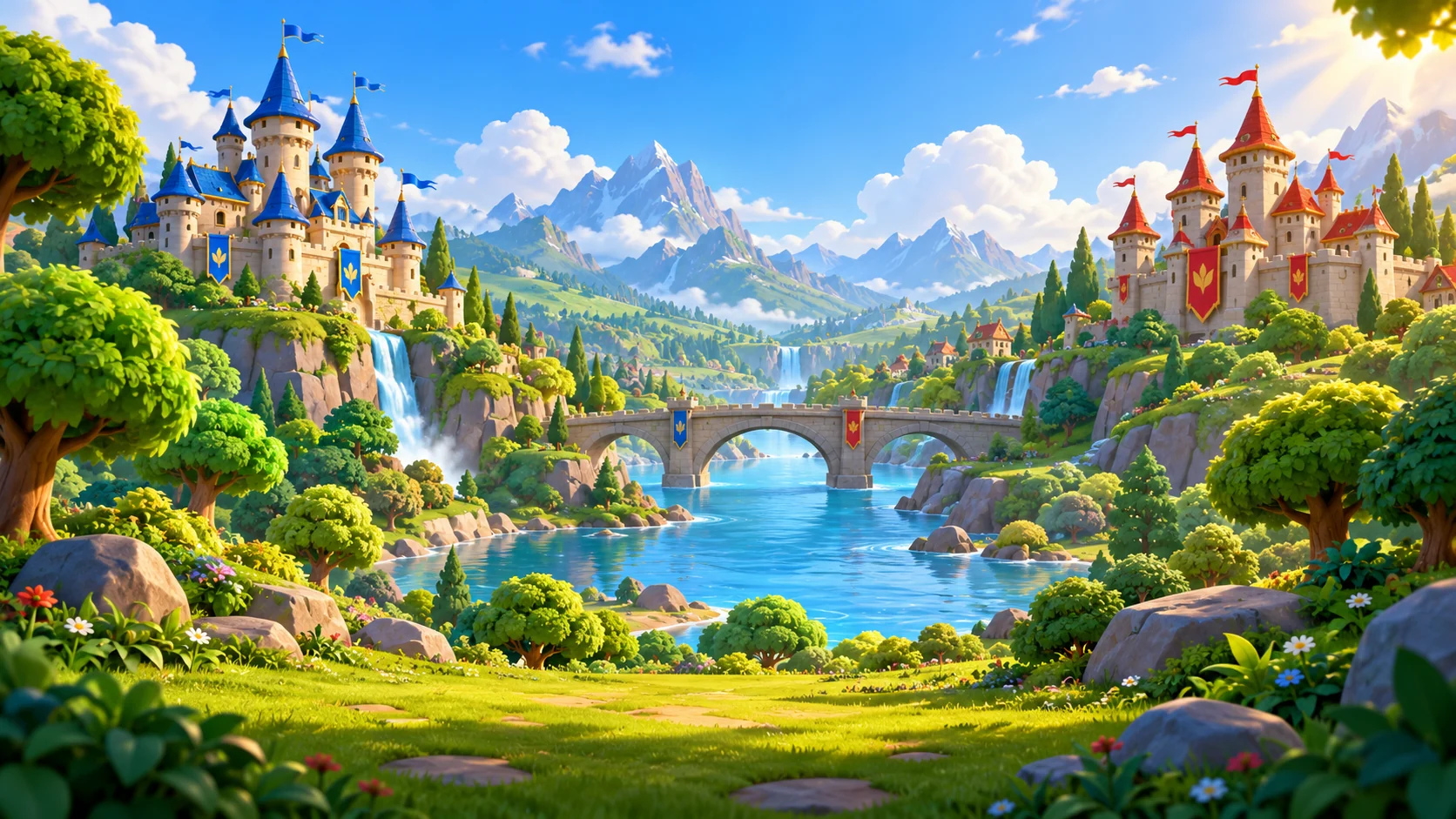 Reino cartoon com dois castelos, floresta e uma ponte sobre o rio